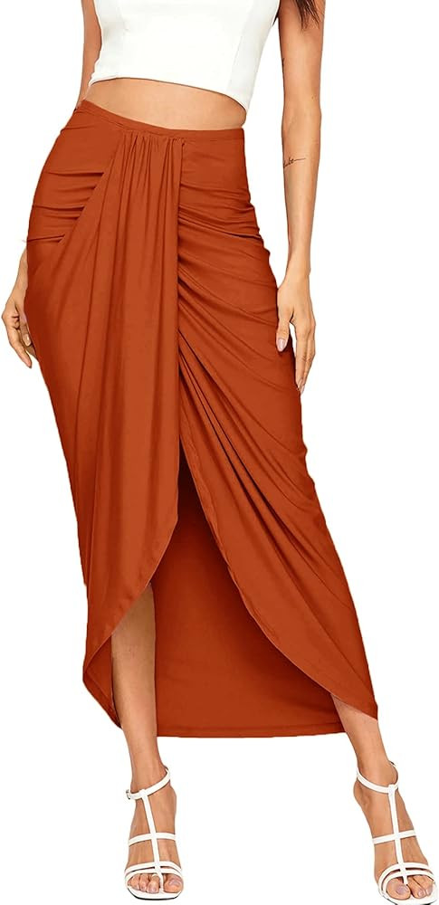 SheIn Women's Casual Slit Wrap Asymmetrical Elastic High Waist Maxi Draped Skirt | Amazon (US)