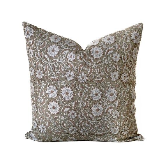Sage Green Pillow Cover, Designer Linen Pillow, Floral Block Print Pillow, Modern Farmhouse Decor... | Etsy (US)