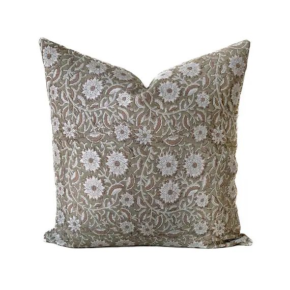 Sage Green Pillow Cover Designer Linen Pillow Floral Block - Etsy | Etsy (US)