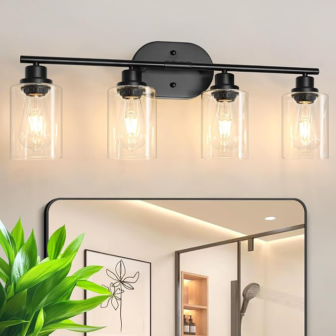 Unicozin Bathroom Light Fixtures, 4 Light Vanity Lights for Bathroom, Black Wall Lamp with Clear ... | Amazon (US)