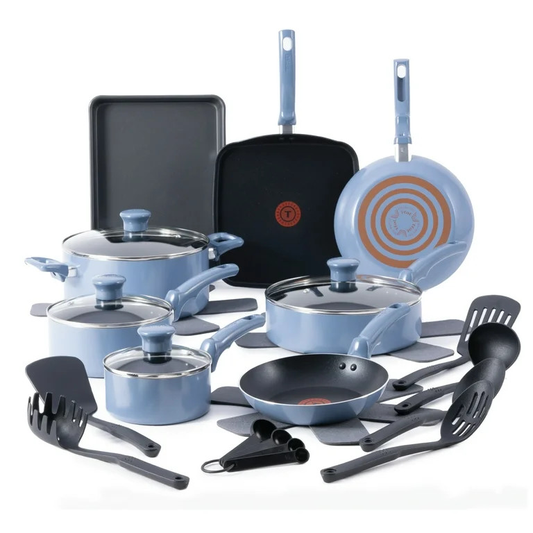 T-fal Kitchen Solutions, 22 Piece Non-Stick Pots and Pans Cookware Set, Ocean Blue | Walmart (US)