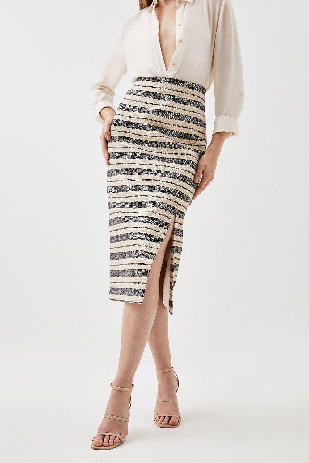Italian Striped Sequin Tweed Detail Midi Skirt | Karen Millen UK + IE + DE + NL