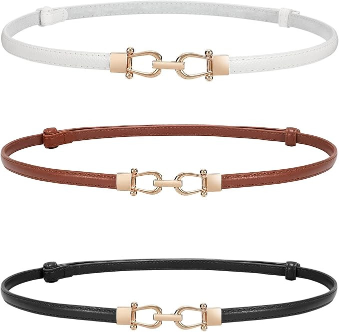 WERFORU Women 3 Pack Skinny Belt for Dress,Thin Waist Belt - Adjustable Leather Belt with Gold Bu... | Amazon (US)
