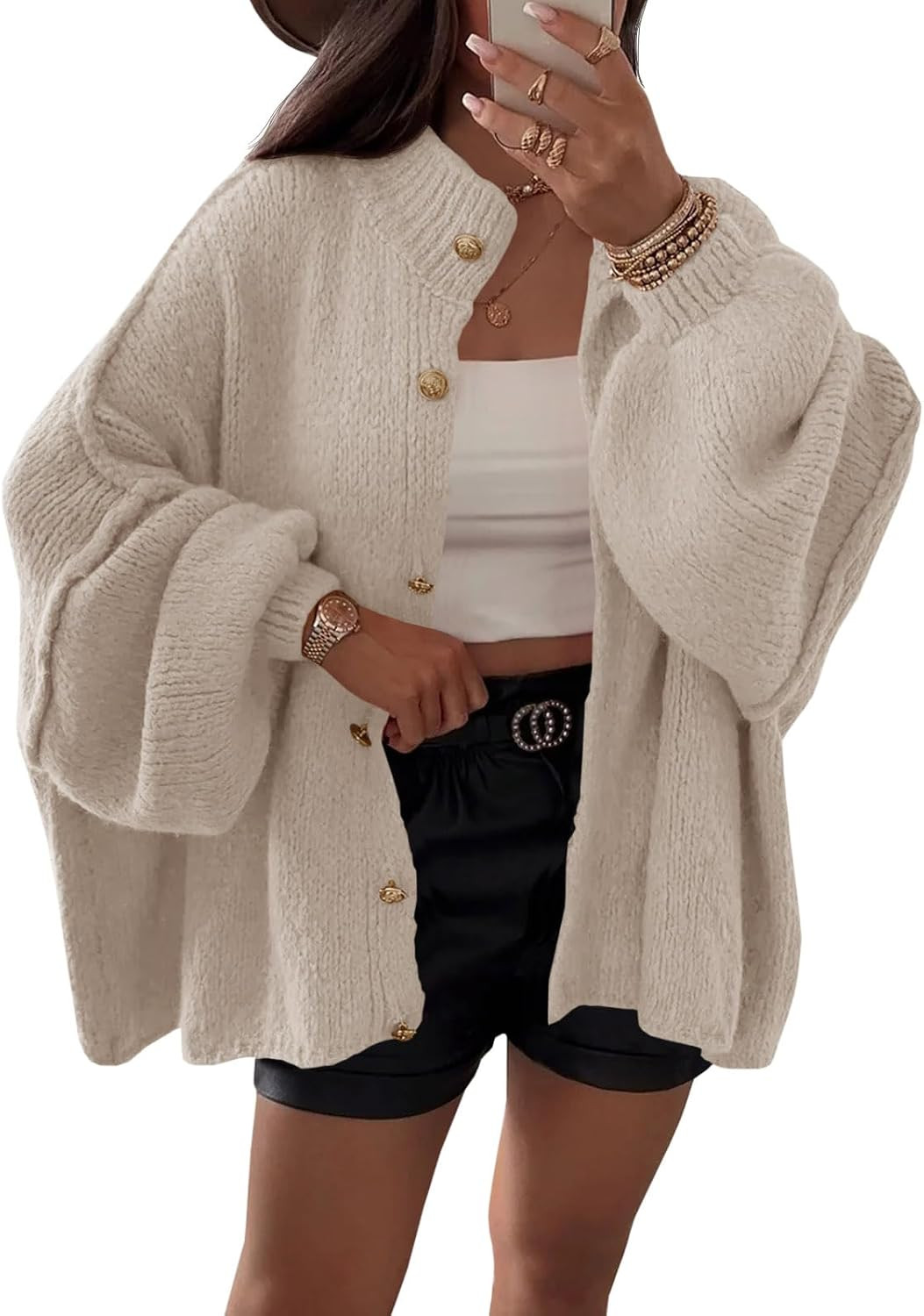 Saodimallsu Womens Oversized Cardigans Long Lantern Sleeve Button Down Chunky Knit Loose Fall Sweater Coats | Amazon (US)