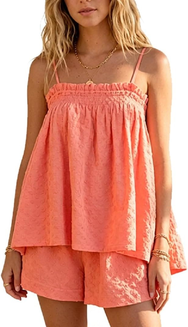 ROAONOCOMO Women Gingham 2 Piece Pajama Set Flowy Peplum Babydoll Cami Top Wide Leg Shorts Sets S... | Amazon (US)