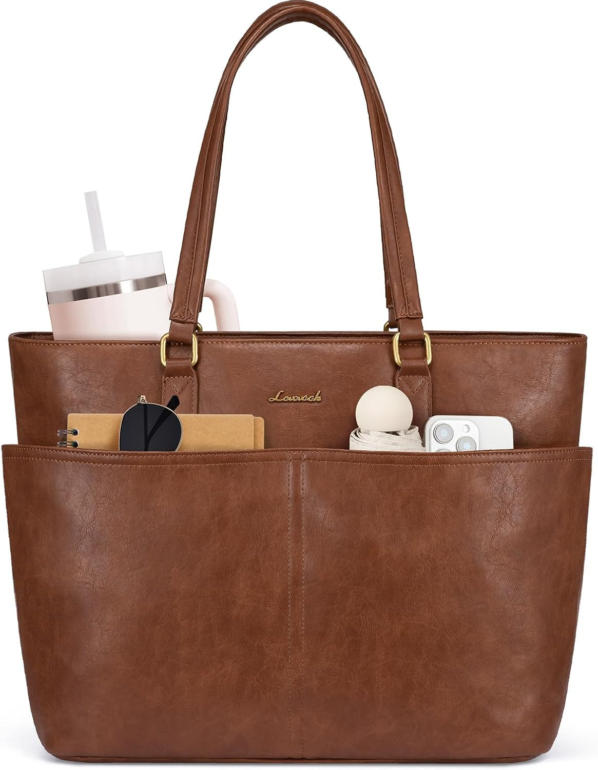 LOVEVOOK Work Tote Bags for Women, Vintage Leather 15.6 Inch Laptop Bag with Large Cup Holder, Teacher Nurse Medical Professional Computer Bag, Office Briefcase Handbag Gift | Amazon (US)