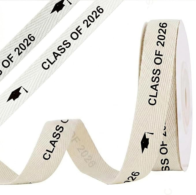 Graduation Cotton Ribbon, 5/8" x 10 Yards Class of 2026 Cream White Ivory Cotton Herringbone Ribb... | Amazon (US)