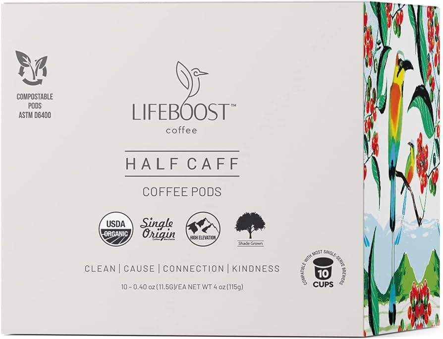 Lifeboost Coffee USDA Organic Coffee Pods Half Caff - Low Acid Single Origin Non-GMO Half Caff Co... | Amazon (US)
