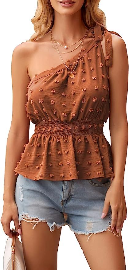 PRETTYGARDEN Women's Summer One Shoulder Tops Casual Sleeveless Swiss Dot Ruffle Blouse Shirts | Amazon (US)
