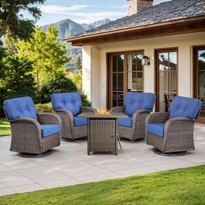 Harbor 5-Piece Outdoor Wicker Patio Furniture Set With 55,000 BTU Fire Pit Table, Swivel Chairs & Thick Cushions | Wayfair North America