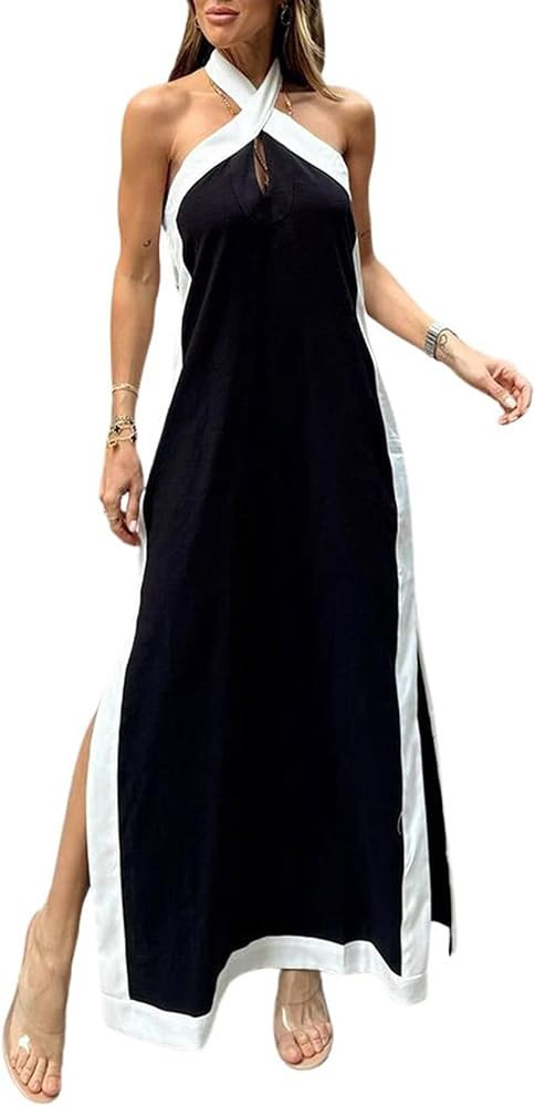 CHARTOU Women Summer Halter Neck Cotton Linen Contrast Color Open Back Side Slit Maxi Dress | Amazon (US)