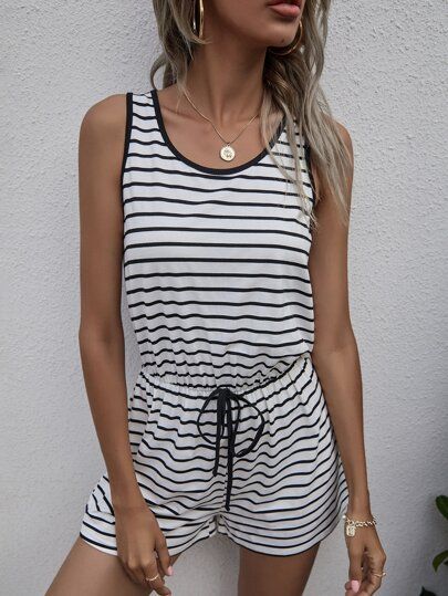 Striped Print Keyhole Back Tank Romper | SHEIN