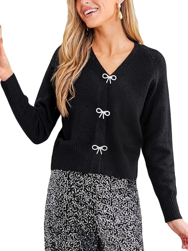 CUPSHE Women's Long Sleeve Bow Knit Cardigan V Neck Lightweight Open Front Sweater Fall Winter Ca... | Amazon (US)
