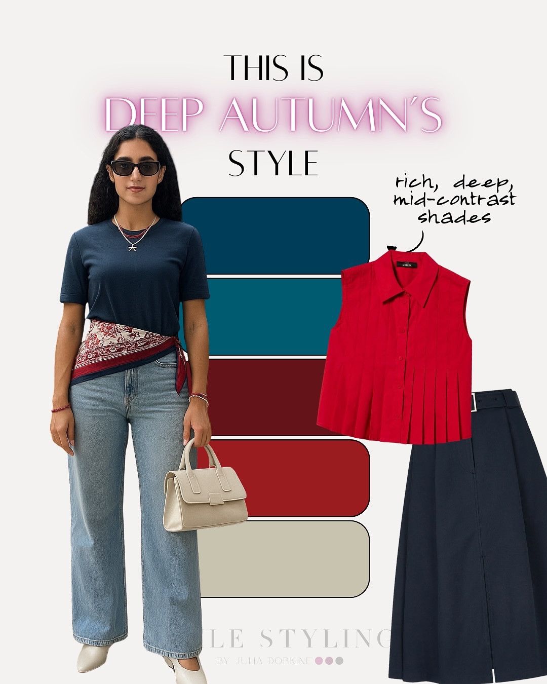 🍁 Autumn palettes are all about warmth and depth
True, Soft, Warm, and Deep Autumn tones feel grounded, earthy, and effortlessly elegant. They don’t scream — they glow. These colors bring out your natural richness and harmony, even on the sunniest days.

Autumns should avoid cool tones — they can dull your glow. Instead, play with the depth and softness within your own palette to bring out your best features.

✨ Autumn shades aren’t just colors — they’re a mood. Find if you’re an Autumn with the link in bio ❤️

#trueautumn #softautumn #warmautumn #deepautumn #coloranalysis #seasonalcoloranalysis #autumnpalette #agilestyling