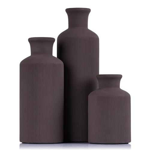 Brown Ceramic Vases Set - 3 Brown Small Vase, Farmhouse Country Vases Home Decor, Living Room Decoration, Table Decoration, Fireplace Decor, and Entrance Decorations Centerpieces | Amazon (US)