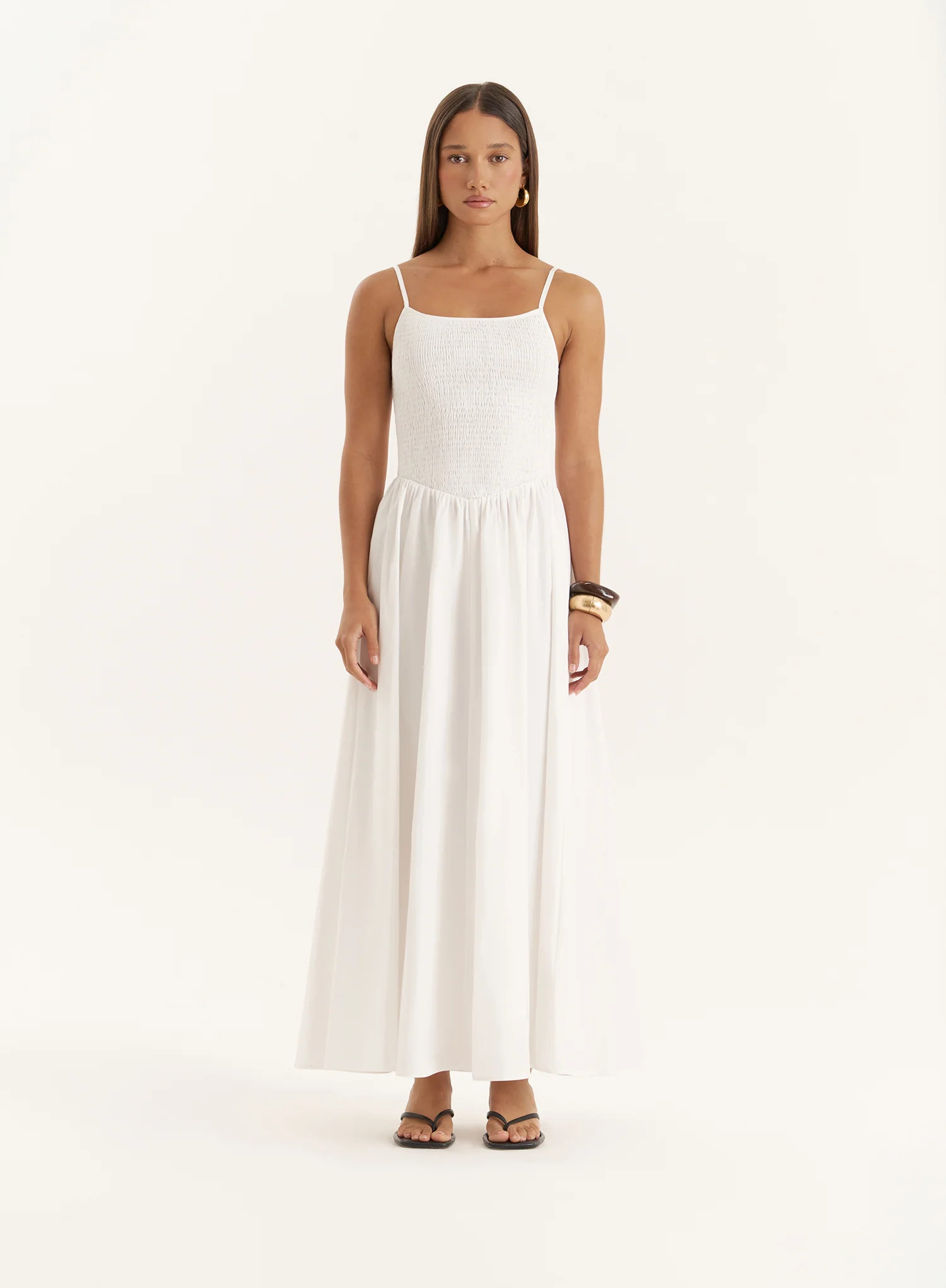 White Shirred Cotton Maxi Dress- Milano | 4th & Reckless