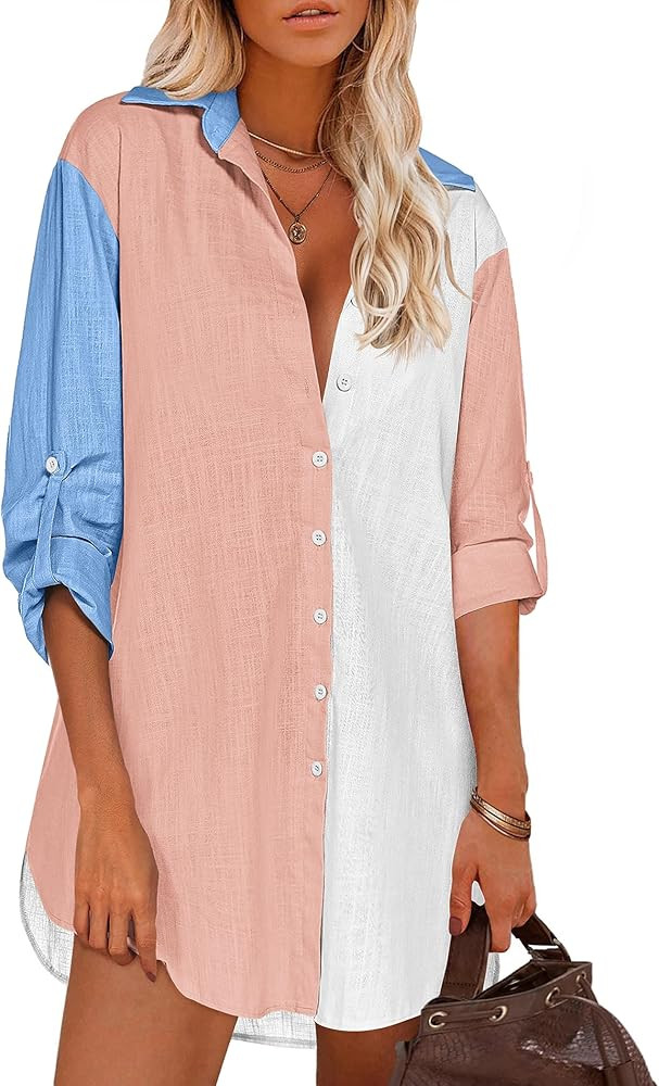 HOTOUCH Women Boyfriend Shirts Button Down Long Sleeve Blouse Cuffed Sleeve Collared Shirt | Amazon (US)