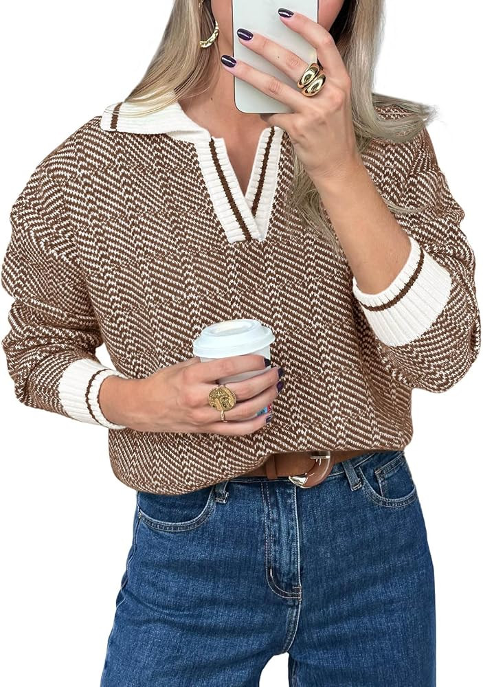 Saodimallsu Womens Fall Sweaters Tops Lapel V Neck Knit Sweater Color Block Long Sleeve Casual So... | Amazon (US)