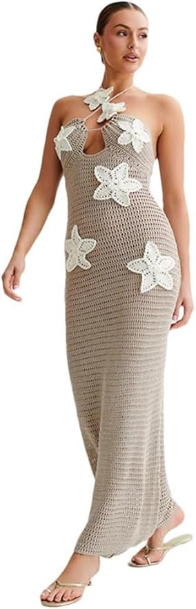 Women Floral Knit Sexy Maxi Dress Halter Sleeveless Backless Party Long Dress | Amazon (US)