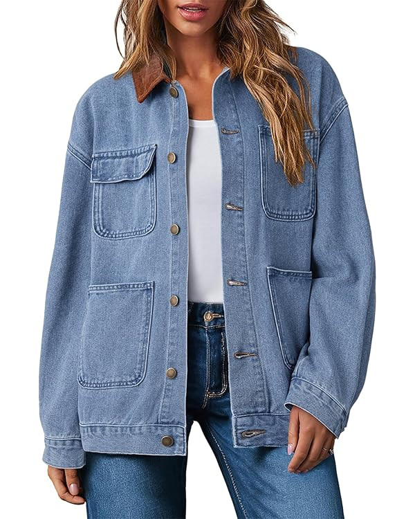 Dokotoo Jean Jacket Women Trendy Fall Fashion Long Sleeve Denim Jacket Color Block Barn Jackets O... | Amazon (US)