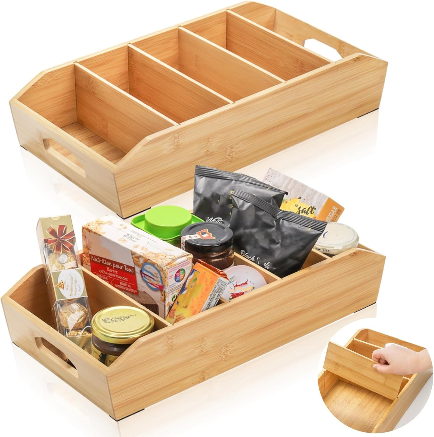 Pumtus 2 Pack Bamboo Pantry Organizers, Storage Bin with Removable Dividers, Divided Snack Oragni... | Amazon (US)