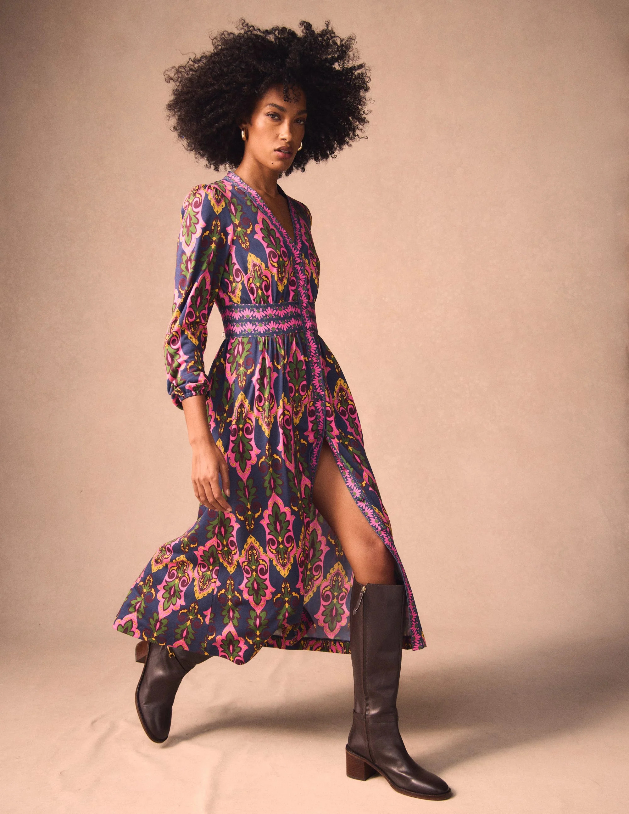 Natalia Long Sleeve Tea Dress-French Navy, Ornate Charm | Boden (US)