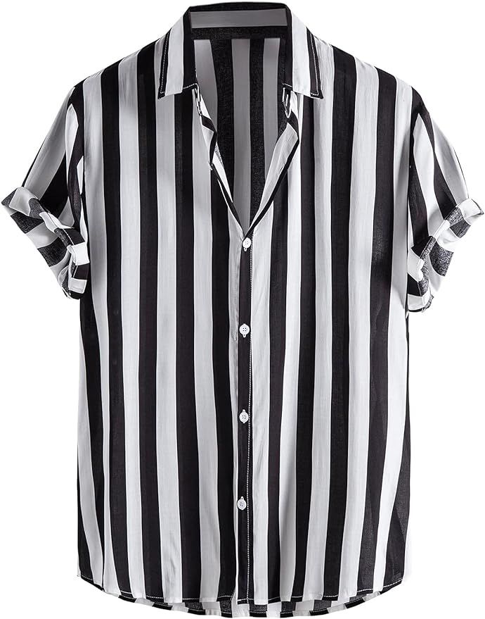 Romwe Men's Striped Short Sleeve Regular Fit Poplin Button Down Shirts | Amazon (US)