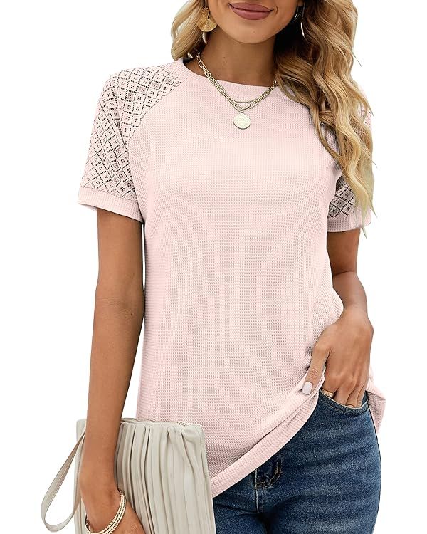 Bequemer Laden Womens Summer Lace Short Sleeve Tshirts Crew Neck Casual Loose Tops Shirt Blouses | Amazon (US)