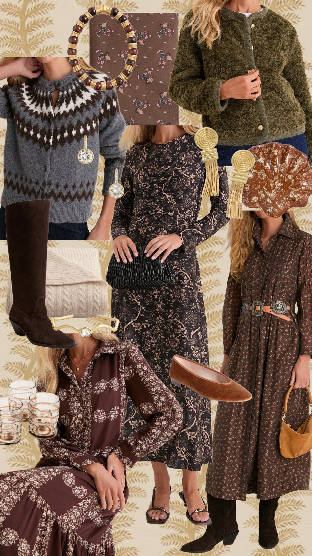 @Tuckernuck Fall New Arrivals! 

Fall’s prettiest palette 🤎🍂 Chocolate brown, moody florals, cozy knits and touches of gold are having a major moment. I love how these pieces feel feminine and classic while still being so wearable for everyday fall. From the floral dresses to the suede boots and velvet flats, these are the pieces I’d reach for all season long.

Product List

1. Olive green sherpa/faux-fur jacket
2. Gray Fair Isle cardigan
3. Chocolate brown floral print
4. Gold + brown statement necklace
5. Black floral long-sleeve midi dress
6. Gold statement tassel earrings
7. Brown floral belted shirt dress
8. Rust floral shell-shaped clutch
9. Chocolate brown suede knee-high boots
10. Cream cable-knit sweater
11. Gold crystal cuff bracelet
12. Chocolate velvet ballet flats
13. Brown floral maxi dress
14. Gold-rimmed drinking glasses

Hashtags

#FallStyle #FallFashion #FallOutfits #LTKStyle #LTKFashion #GrandmillennialStyle #ClassicStyle #FeminineStyle #BrownForFall #FallFlorals #FallFinds #AutumnStyle #TheBrokeBrooke