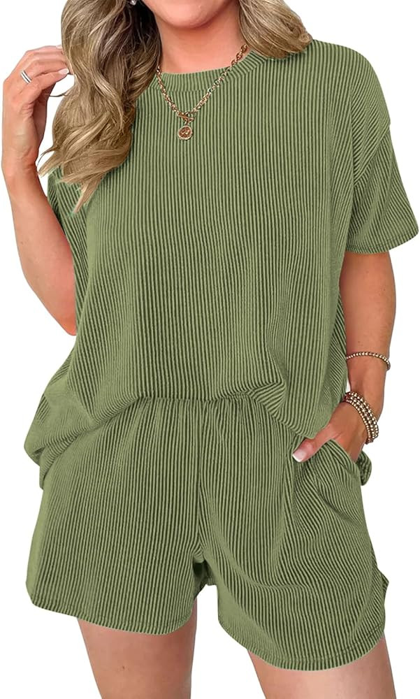 miduo Womens 2 Piece Sets Ribbed Textured Knit Casual Short Sleeve Shirts Shorts Two Piece Lounge... | Amazon (US)