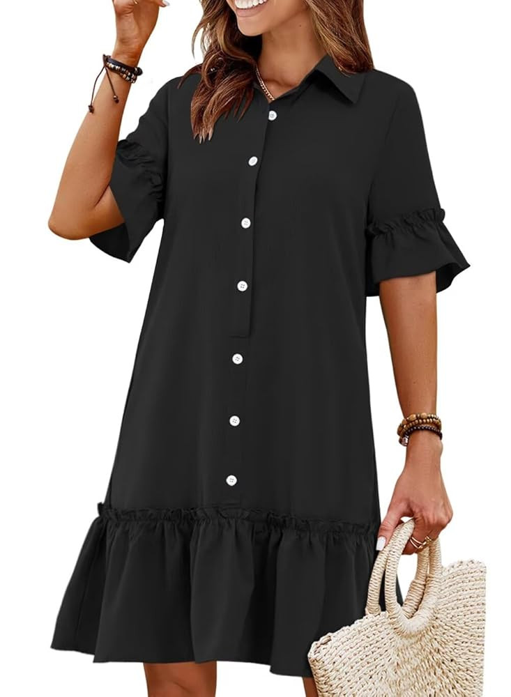 Wkior Women's Casual Shirt Dress Button Down Ruffle Sleeve Mini Summer Dresses with Pockets | Amazon (US)