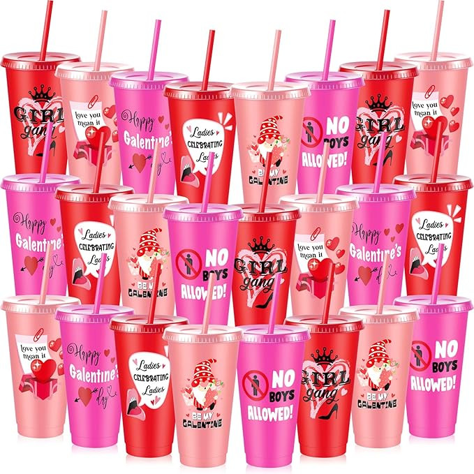 Chuangdi 24 Pack Galentines Day Decorations Galentines Gifts Plastic Tumbler with Lids and Straws... | Amazon (US)