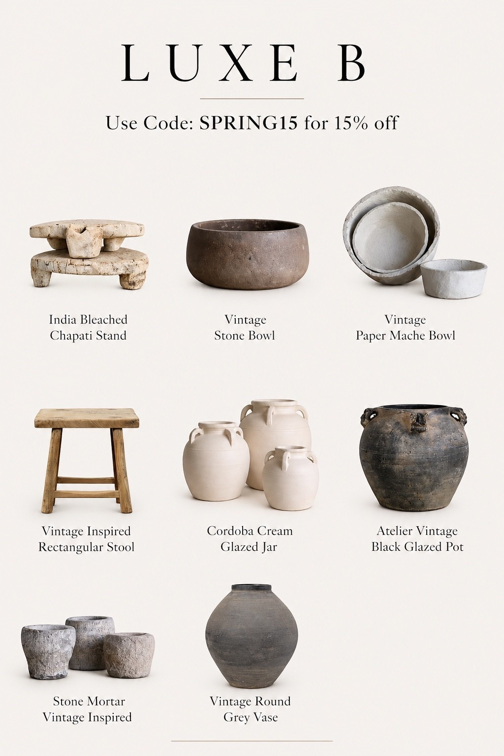 Luxe B Co Finds

Sharing some of my favorite neutral, vintage-inspired pieces from Luxe B Co. These are the kind of timeless accents that instantly make a space feel layered and collected.

Use code SPRING15 for 15% off.

Linked everything I’m loving—tap to shop.

#LTKHome #LTKSaleAlert #LTKSeasonal
