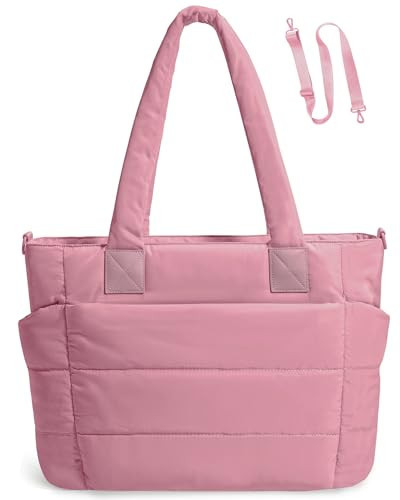 Tote Bag for Women Puffer Tote Bag Large Quilted Nurse Bag with Zipper for Work Travel (Pink) | Amazon (US)