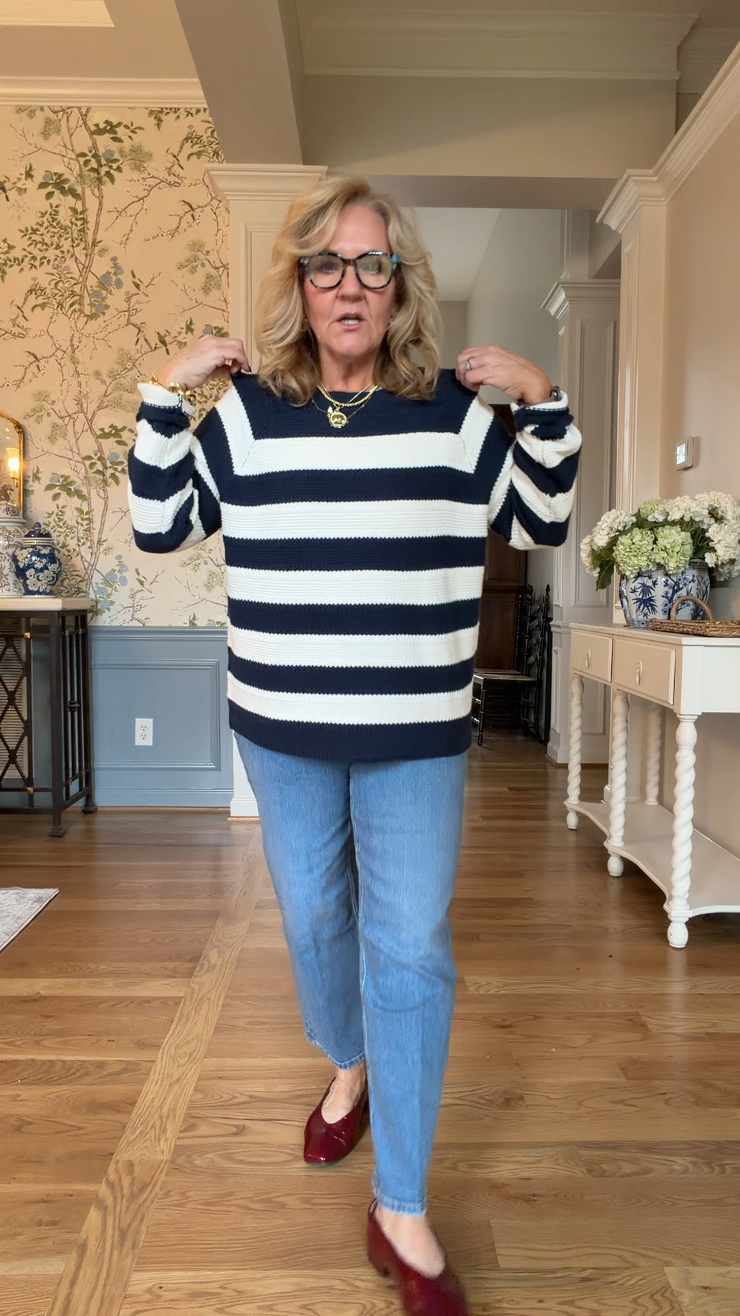 I sized up in this sweater to a large
My spanx front zip jeans size medium petite. There is a lot of compression on these jeans and I like the support, but you just need to be aware of that.

Straight leg, jeans, medium washed jeans, striped sweat sweater, navy sweater preppy style

#LTKPetite #LTKOver40 #LTKSeasonal