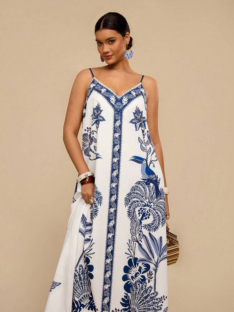 Travachic Plus Size Tropical Print Sleeveless Casual Dress Resort Dresses For Women Long Summer Dresses For Women Maxi Dress For Women Tropical Print Dress Picnic Dresses For Women | SHEIN
