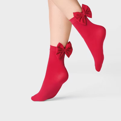 Women's Bow Opaque Anklet Socks - A New Day™ Red One Size | Target