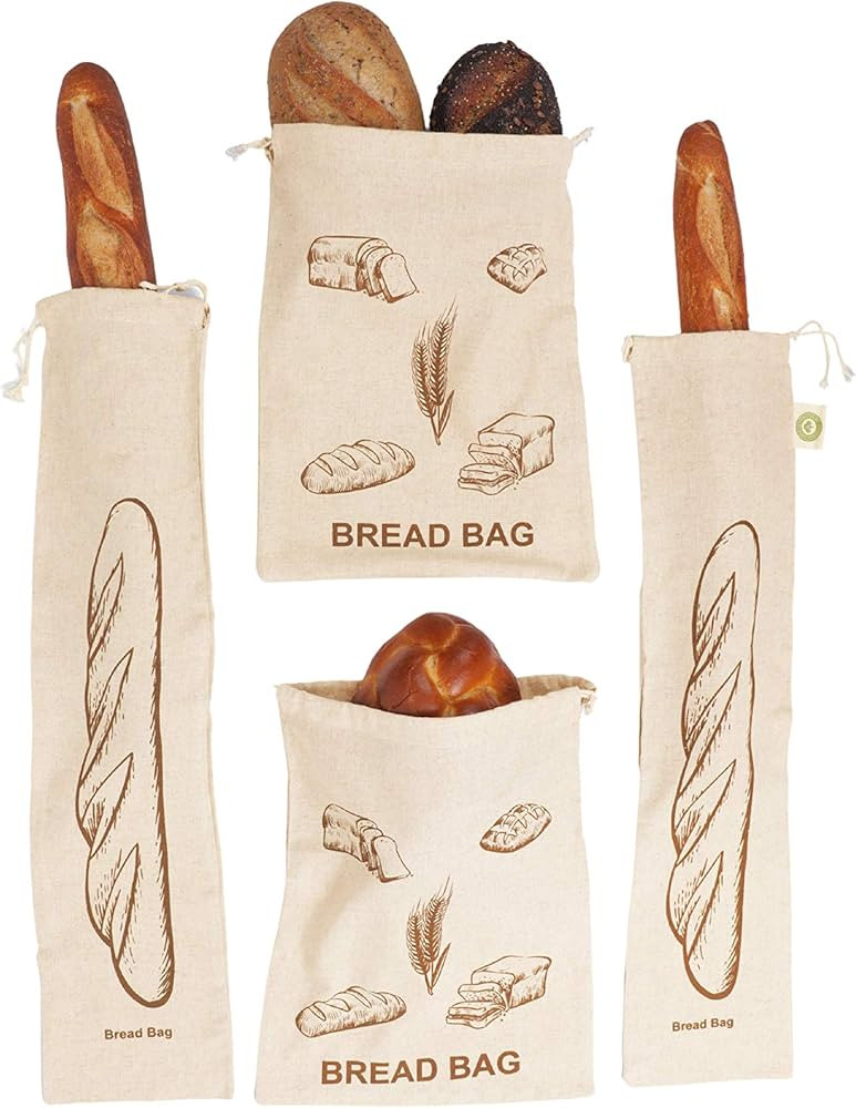 Reusable Bread Bags for Homemade Bread - 100% Organic Linen Bread Bags - 2 Large and 2 Extra Larg... | Amazon (US)