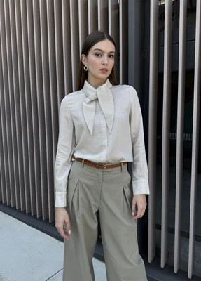 Lilia Button Down Top with Collar Tie-Oatmeal | Benaar La