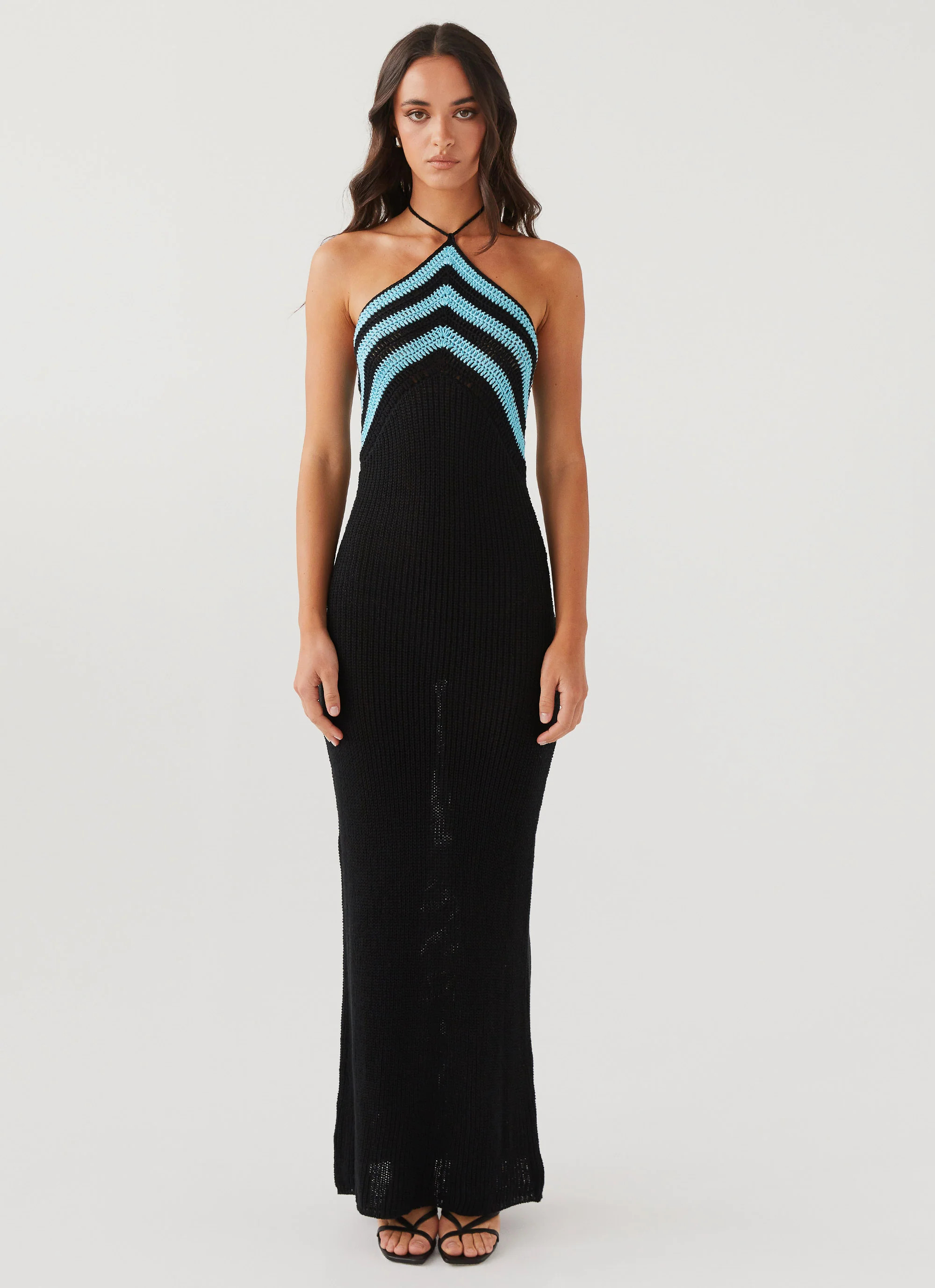 Masterpiece Halterneck Crochet Maxi Dress - Azure Stripe | Peppermayo (Global)