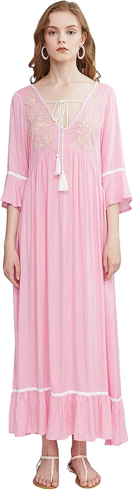 R.Vivimos Women's Autumn 3/4 Sleeves V Neck Embroidered Ruffles Midi Dress | Amazon (US)