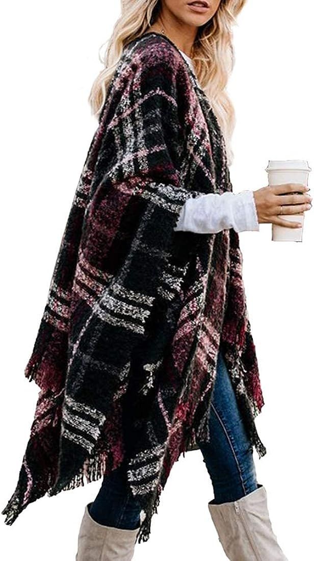 LittleMax Women's Open Front Boho Cardigan Oversized Knitted Shawl Wrap Cape Sweater Plaid Tassel... | Amazon (US)