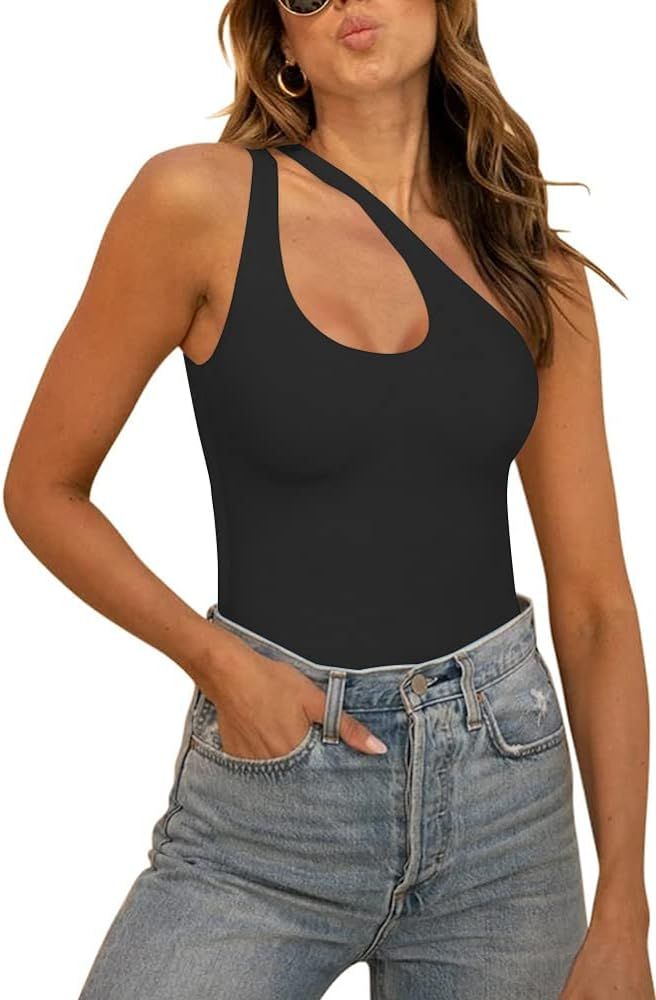 WAYMAKER Women's Sexy One Shoulder Cutout Front Backless Sleeveless Bodysuit Tank Top | Amazon (US)
