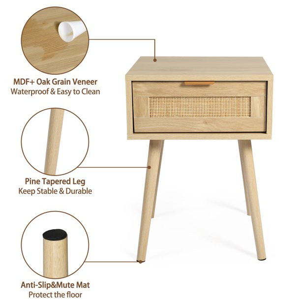 LAZZO Nightstand with Drawer Mid Century Modern Bedside Table Rattan Drawer End Table with Storag... | Walmart (US)