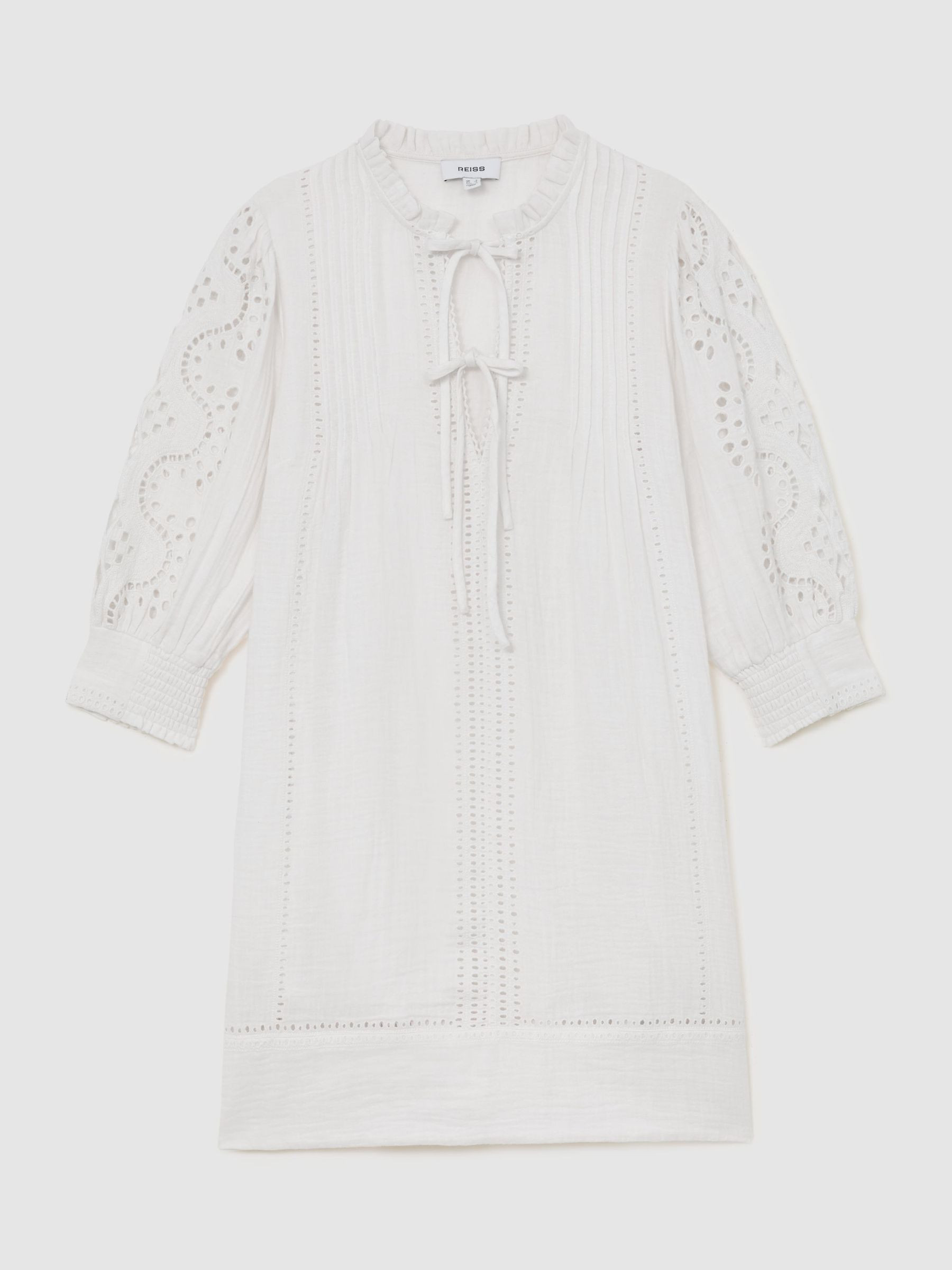 Reiss Cotton Cheesecloth Broderie Mini Dress in Ivory - REISS | Reiss UK