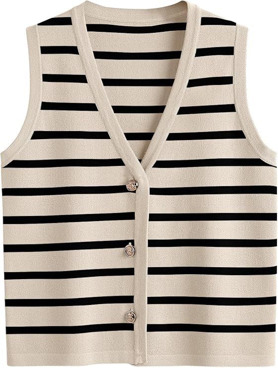 LILLUSORY Vest Tops for Women Striped Sweater Vest 2024 Fall Crochet Cropped Button Up Work Tank ... | Amazon (US)