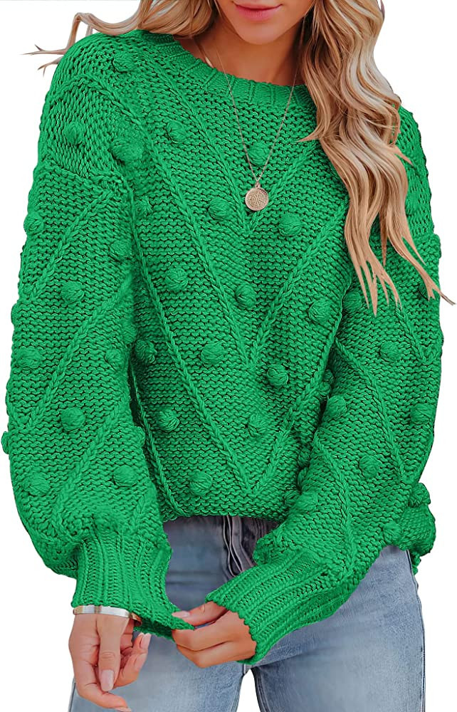 ANRABESS Women’s Cable Knit Oversized Pom Sweater Round Neck Balloon Long Sleeve Chunky Cozy Pu... | Amazon (US)