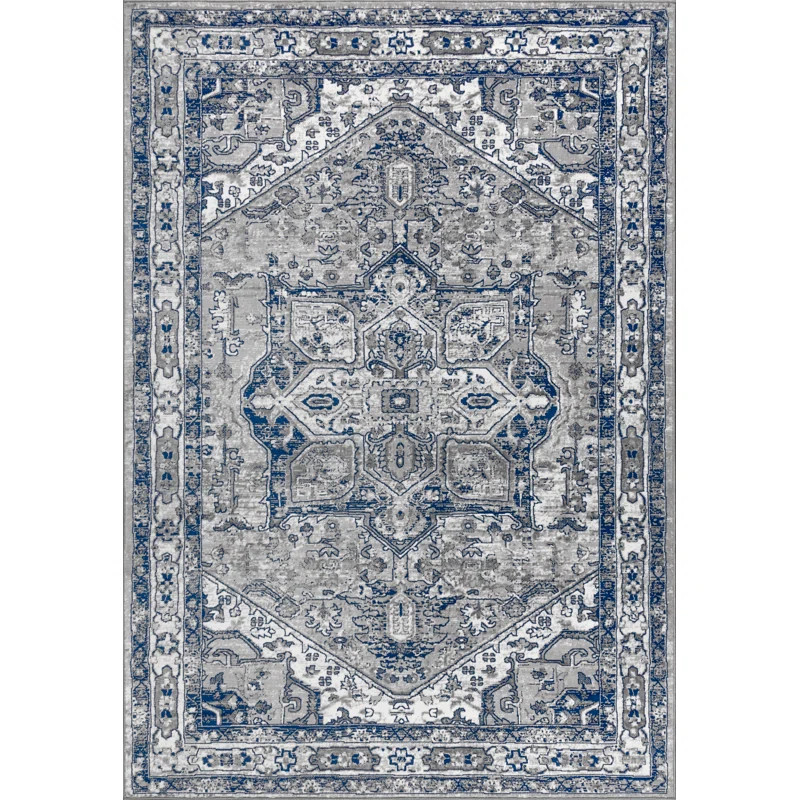 Lawton Modern Persian Vintage Medallion Light Gray/Navy Rug | Wayfair North America