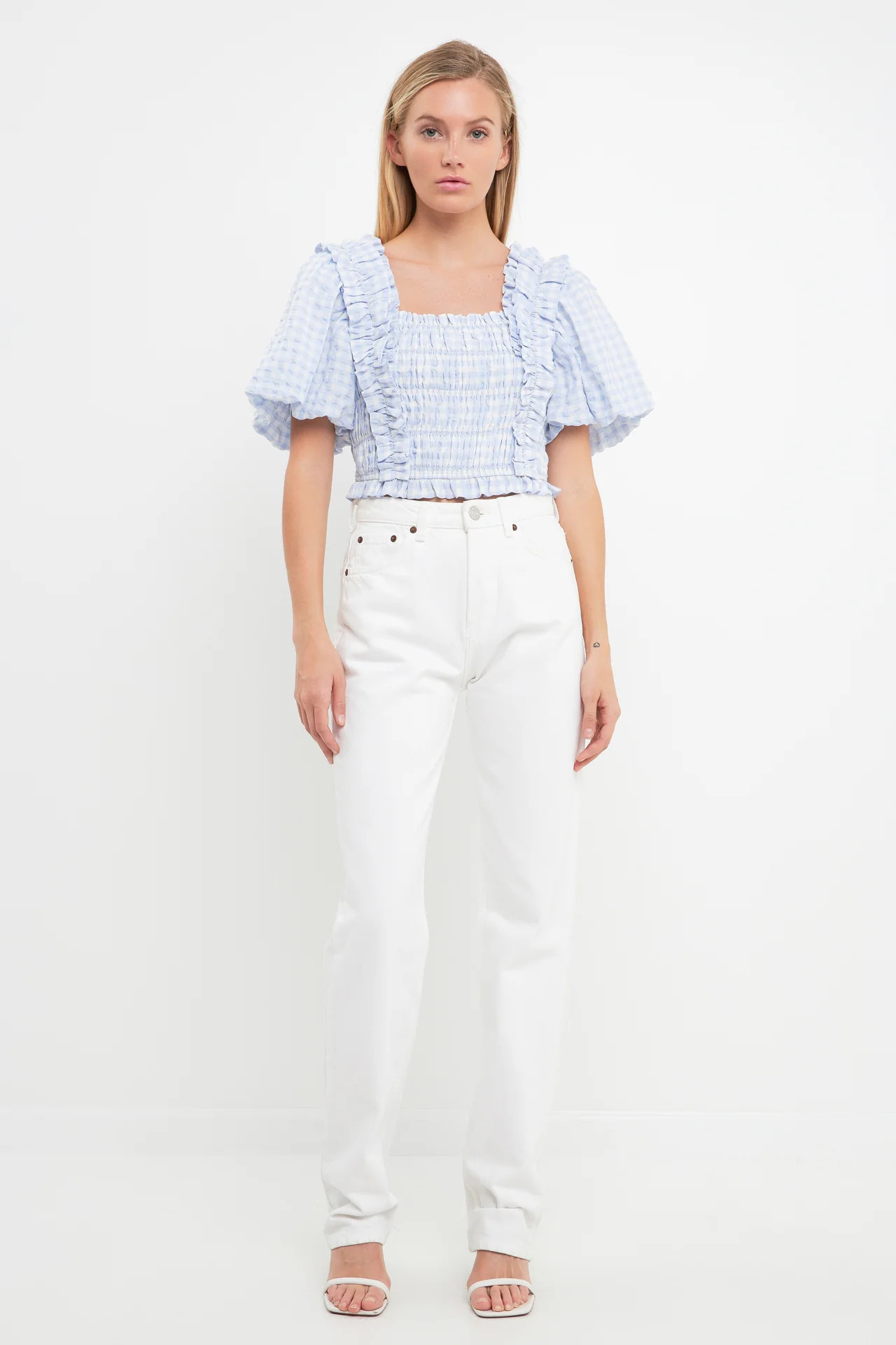 Gingham Smocked Puff Sleeve Top POWDER BLUE / M | English Factory