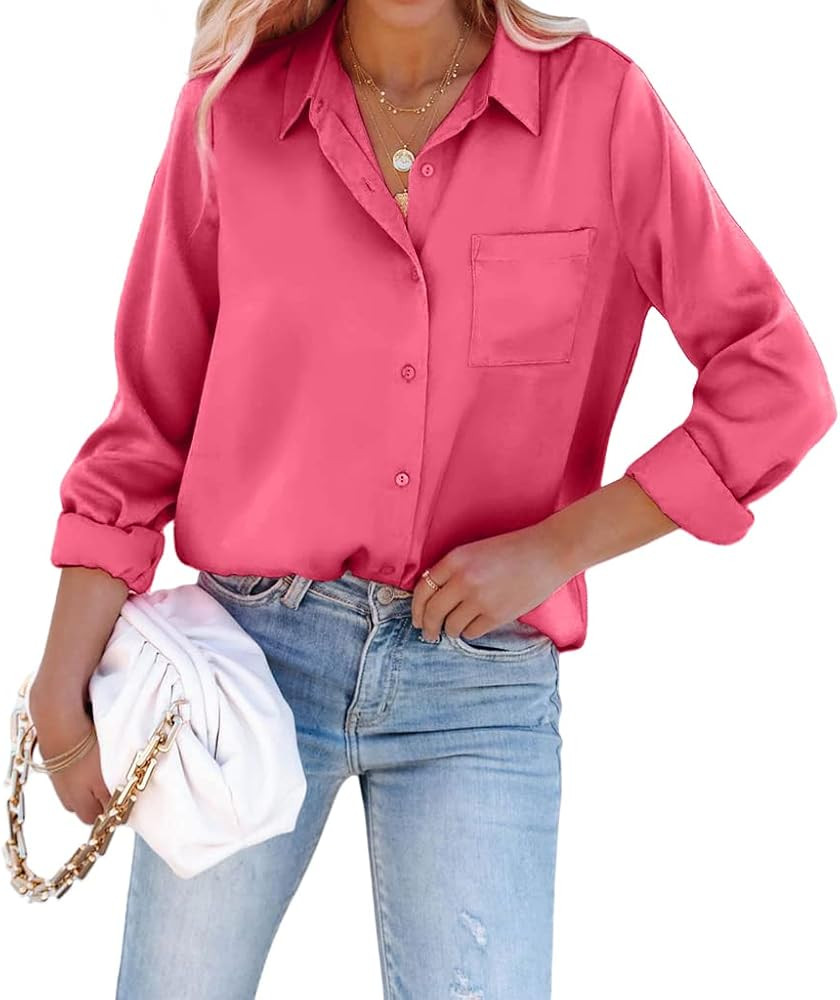 Pausus Satin Button Down Shirts for Women Long Sleeve Office Slim Fit Blouses Casual Business Sil... | Amazon (US)
